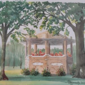 Woman walking with umbrella on rainy city street