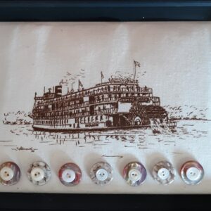 White dog wearing red harness on outdoor concrete surface